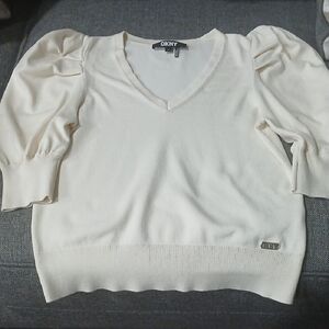 DKNY Cream V-Neck Puff Sleeve Sweater